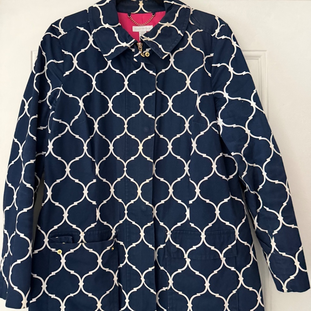 Stylish dark Charter Club Dark Blue and White zippered Patterned Jacket jacket w - Picture 3 of 8